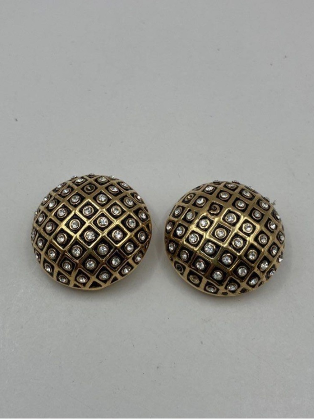 Vintage St. John Black Enamel White Rhinestone Gold Tone Clip Earrings